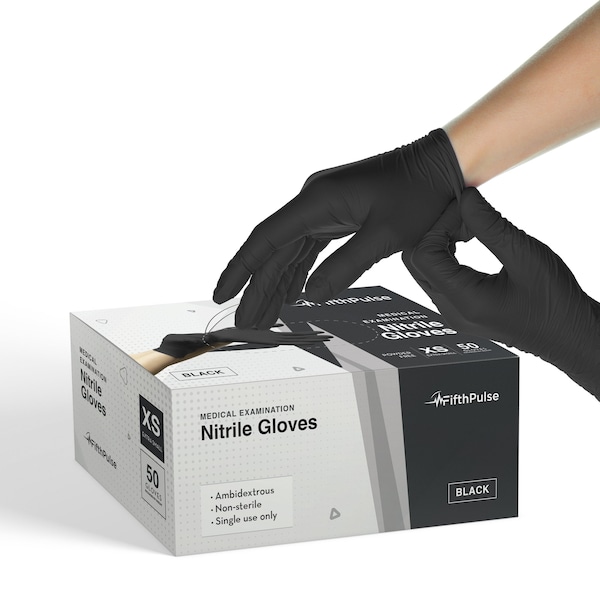 Fifthpulse FMN100, Disposable Gloves, 3 mil Palm, Nitrile, Powder-Free, XS, 50 PK, Black FP-N-50-XS-BLK - main